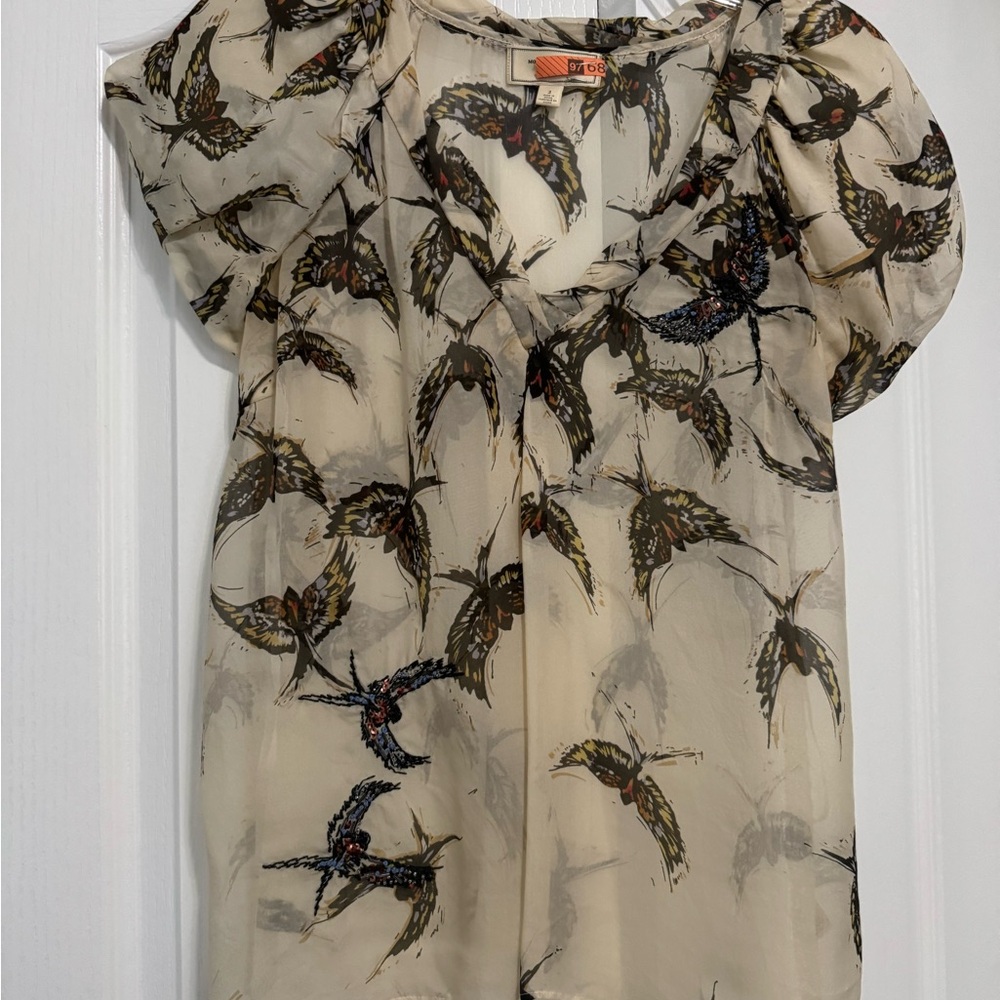Anthropologie Cream and Gray Ruffled Tie Front Blouse
